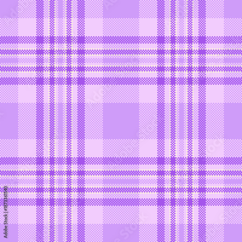 Short textile vector background, light check plaid fabric. Native seamless tartan texture pattern in violet and light colors.