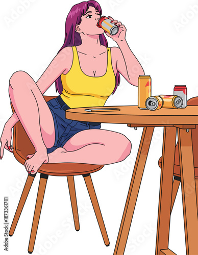 Young woman sitting at table drinking soda or beer cans, colorful pop art style vector illustration
