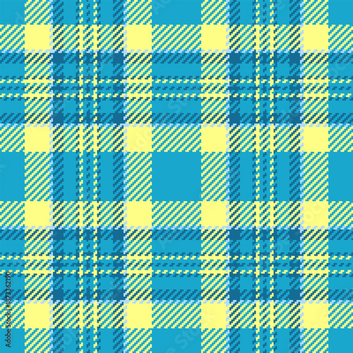 Vibrant blue and yellow tartan plaid pattern offers a modern pixelated style. Ideal as a seamless background for fashion textiles, digital wallpapers, and eyecatching graphic designs.