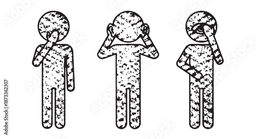 Three stick figures with hands on their faces and ears, depicting a scene of ignorance and denial.