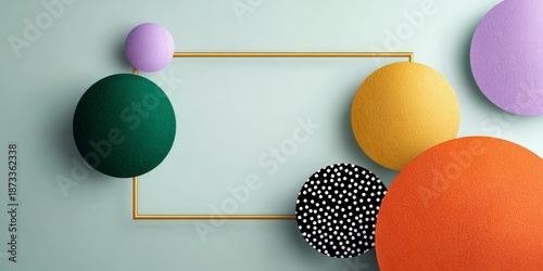 Geometric colorful spheres with minimalist frame on light background
