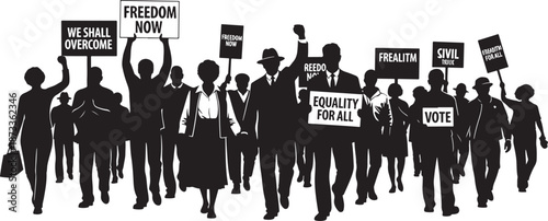 Silhouette of a group of protesters marching with signs for freedom and equality, representing civil rights activism and social justice.