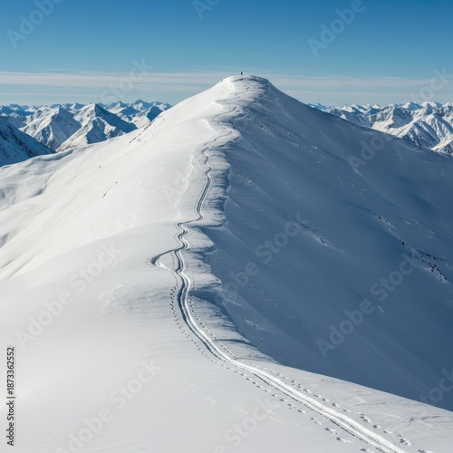 Brilliant winter sunlight illuminates deep powder snow covering a sharp mountain crest, highlighting fresh ski tracks across the vast high alpine landscape, altitude, fresh tracks, mountain