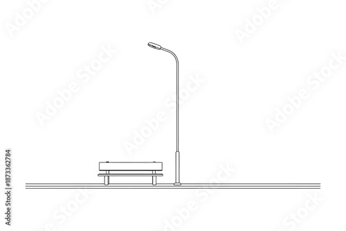 Minimalist line illustration of street lamp and park bench