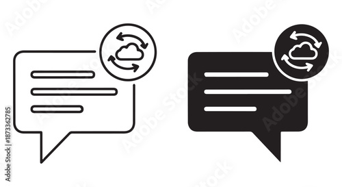 A simple illustration of two chat bubbles with cloud sync icons on a white background