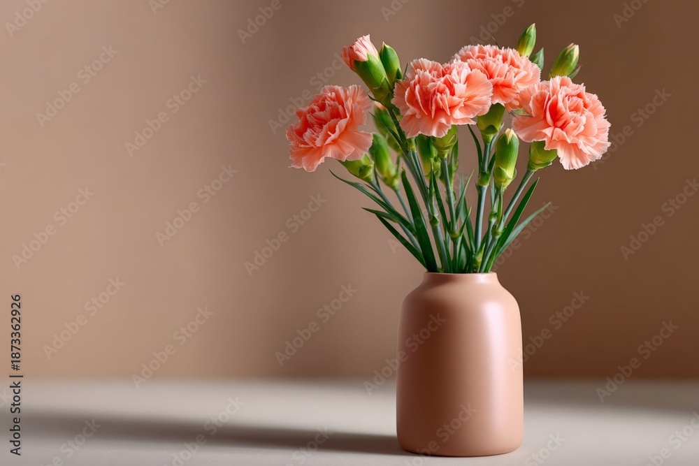 Fototapeta premium Pink carnations in peach vase on soft beige background