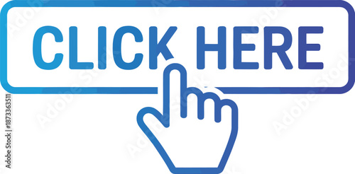 A blue click here button with a hand cursor on a white background