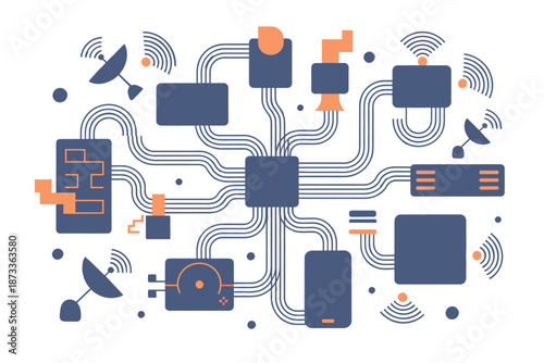 An infographic illustration of a complex network system with various devices connected