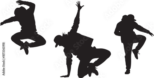 Silhouette of three urban street dancers performing breakdance and hip hop moves.