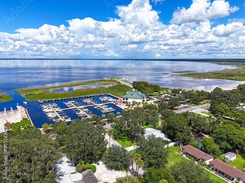 Aerial view overlooking Lakefront Park and marina located on East Lake Toho in the city of St Cloud in Osceola County, Florida.