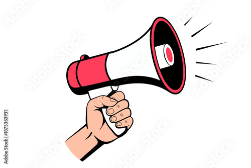 A hand holding a red and white megaphone against a plain white background