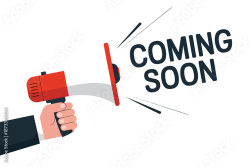A hand holding a megaphone announcing something coming soon with excitement