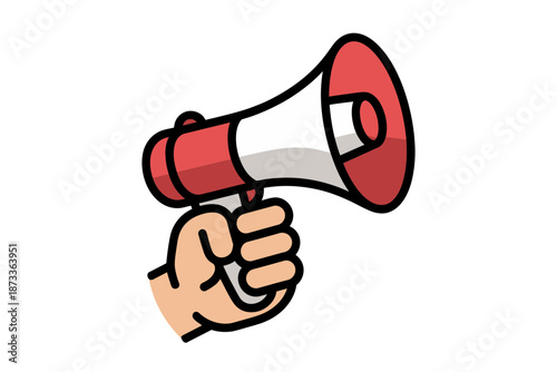 A cartoon hand holding a red and white megaphone for loud announcements