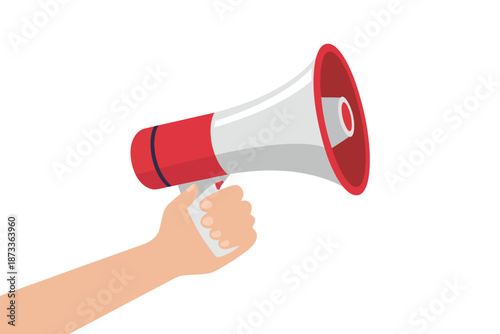 A hand holding a red and white megaphone against a plain background