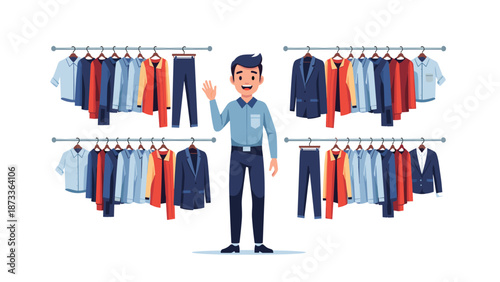 Friendly male character cheerfully waving, standing amidst multiple racks filled with a wide variety of colorful clothing options, depicted in a charming pixel art style.
