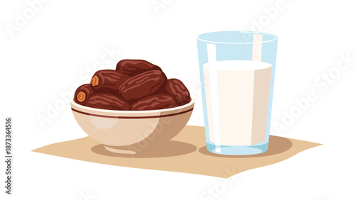 Wholesome arrangement featuring a bowl brimming with plump dates and a refreshing glass of milk, symbolizing nourishment and traditional hospitality, depicted in a pixel art style.