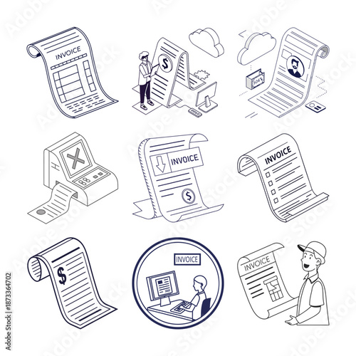 Accounting Invoice Compilation: A detailed collection of invoice illustrations, showcasing various stages of financial transactions, from creation to approval, in an organized display