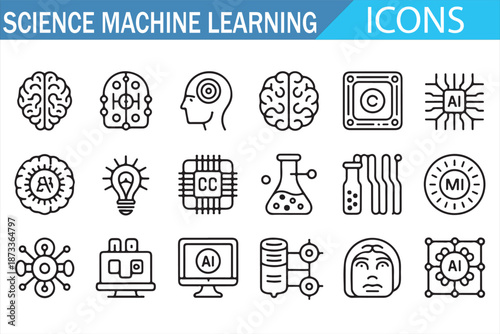 Machine Learning Neural Network and Research Icon Collection