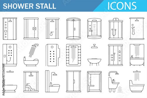 Shower Stall Icon Set of Modern Bathroom Glass Enclosures