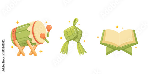 Vector illustration of Ramadan celebration icon consisting of a drum on a stand, a decorative knot wrapped in green cloth, and an Al-Quran book.