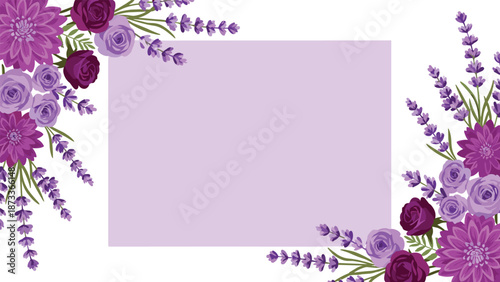 A light purple horizontal background framed by elegant clusters of deep purple flowers and fragrant lavender branches in opposing corners, offering a refined design for text.