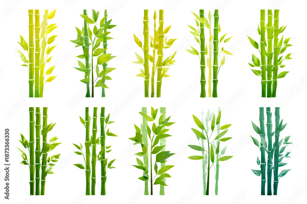 Obraz premium A collection of bamboo stalks with leaves in various shades of green on transparent background