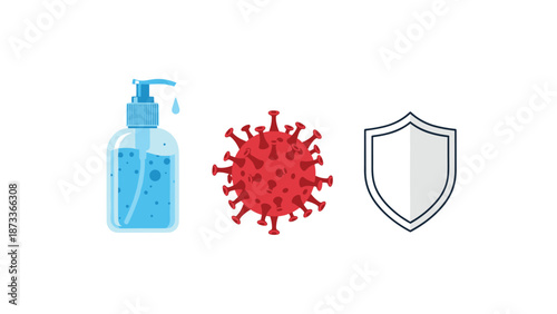 Essential icons representing hygiene and protection against viruses, featuring a hand sanitizer bottle, a coronavirus cell, and a protective shield, symbolizing safety measures.