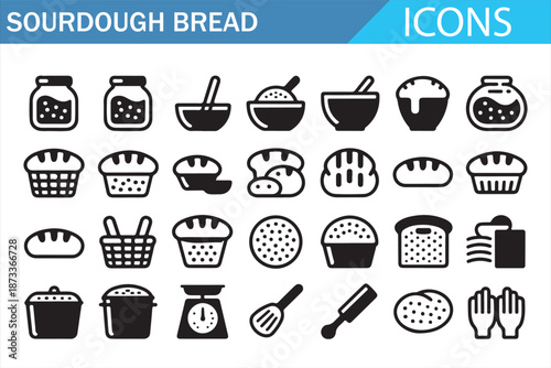 Traditional bread baking sourdough icon collection in outline style