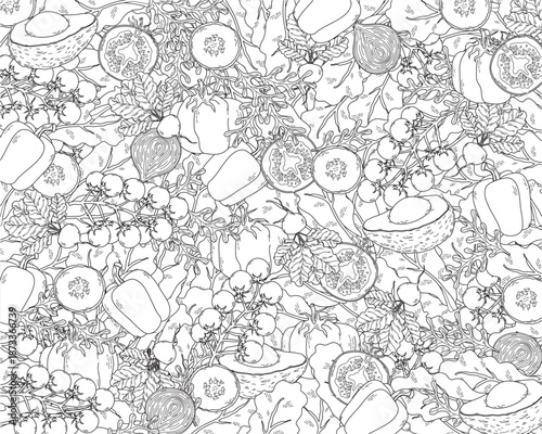 Black and white vector background with different vegetables 