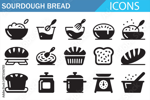 Artisan sourdough bread process line icons isolated on white background