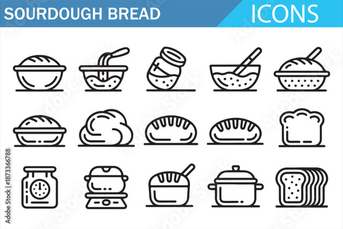Sourdough bread baking outline icon set with dough tools and kitchen equipment