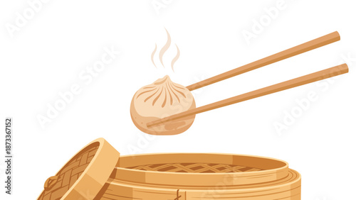 Delicate chopsticks expertly lift a steaming, hot dumpling from a traditional bamboo steamer, showcasing a delicious Asian culinary experience and fresh, authentic food.