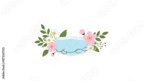A light blue medical face mask is delicately adorned with beautiful pink flowers and fresh green leaves, symbolizing health, spring, and gentle protection during allergy season.