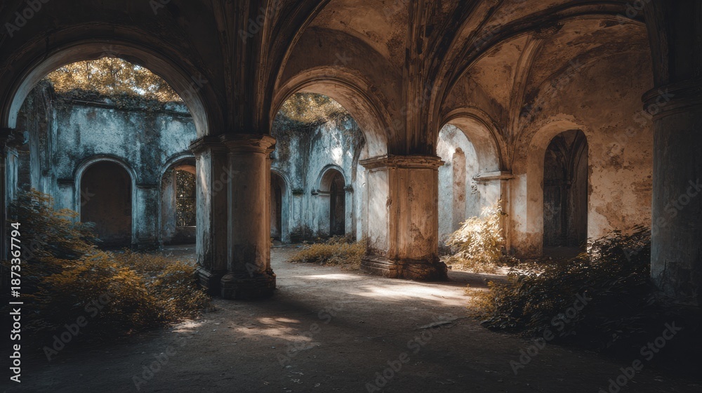 Fototapeta premium Exploration of an Ancient Forgotten City With Crumbling Walls and Natural Light Shining Through the Arches