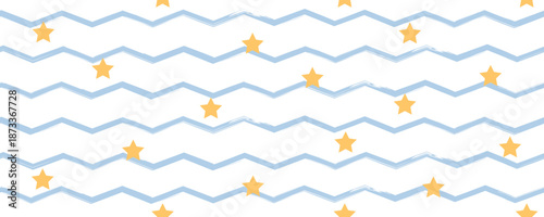Fun and modern kids background with zigzag print. Hand drawn backdrop with stars. Cute sea design for nursery. Vector illustration.