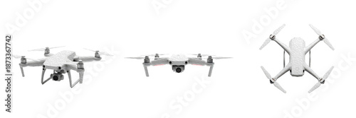 Set of White Drones from Three-Quarter, Front-Facing, and Top-Down Aerial Perspectives Isolated on White Background Oil Paint PNG