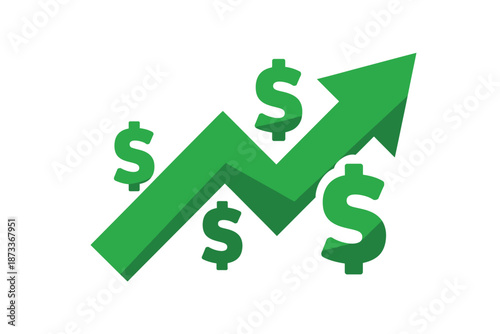 A green arrow with dollar signs indicating financial growth and success