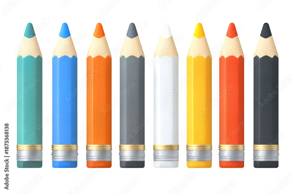 Naklejka premium A set of eight colorful pencils with silver bands on transparent background