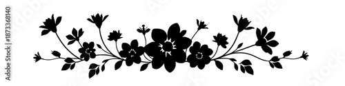 Black floral ornament featuring flowers, leaves, and branches arranged in a horizontal decorative border isolated on white background suitable for wedding design, invitations, stationery, branding.