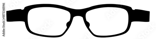Black eyeglasses frame icon with clear lens outline in a minimal flat style isolated on white background suitable for vision, eyewear, optometry, fashion, icons, branding, and graphic design use.