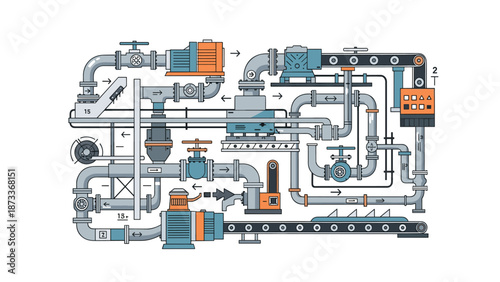 Intricate industrial plant diagram displays a complex network of pipes, valves, pumps, conveyor belts, and control panel, representing an advanced manufacturing process.