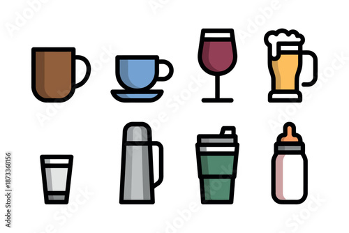 A colorful illustration of various drinking vessels on a white background