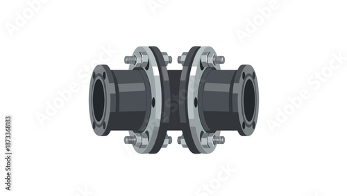 Heavy-duty black industrial pipe coupling with two large flanges, secured by multiple bolts, designed for robust and flexible connections in piping systems.