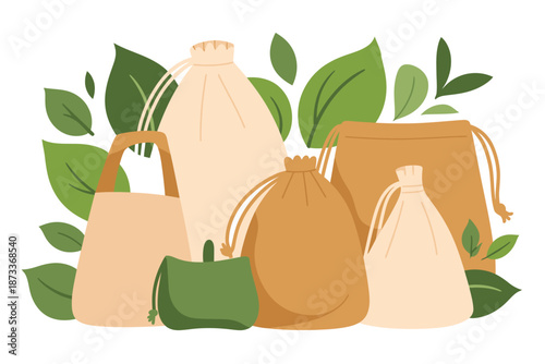An illustration of various eco-friendly reusable bags with green leaves