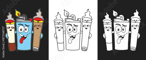 Cartoon lighters and joint characters, smoking concept, party fun illustration