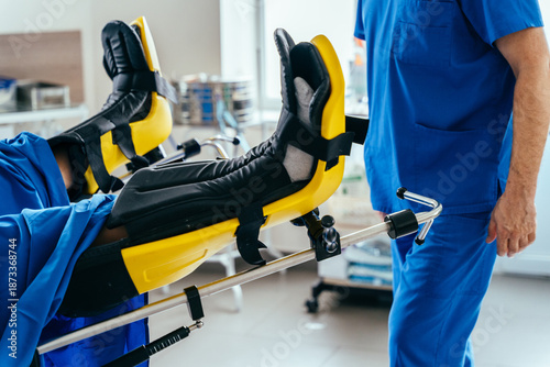 Quadro em tela Patient leg positioning system used during gynecological surgery in operating ro