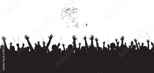 Silhouette of a Cheering Crowd with Hands Raised During a Concert Fireworks Display