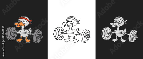 Cartoon duck lifting weights on dark background, gym fitness illustration, character design
