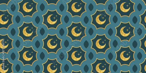 Seamless Islamic pattern in minimal style with gold foil crescent and stars motifs on turquoise background for Ramadan holiday background or textile, vector illustration