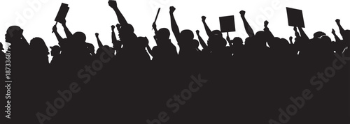 Silhouette of a Group of People Protesting with Raised Fists and Signs for Social Justice